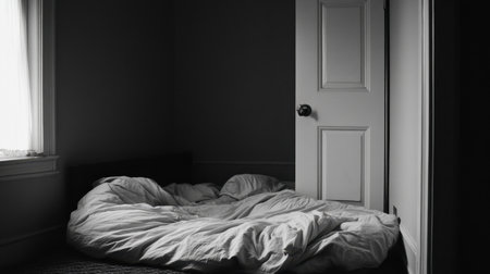 A serene bedroom scene featuring an unmade bed, soft bedding, and a doorway inviting light, creating an atmosphere of comfort and tranquility perfect for relaxation.の素材
