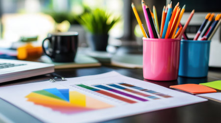 A vibrant office workspace featuring an array of pencils, a color palette, and organized stationery items. Ideal for projects, design work, and creative inspiration.の素材