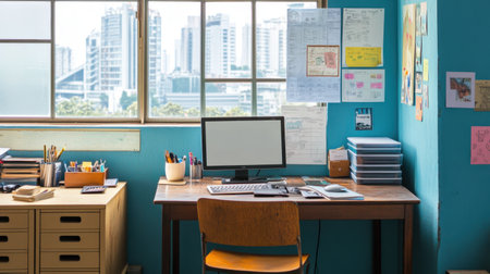 Bright and inviting home office featuring a modern desk with a computer, organized stationery, and a view of the urban skyline through the window, fostering creativity and productivity.の素材