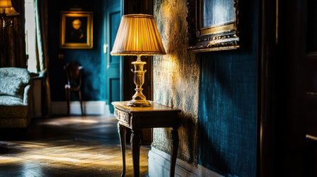 A beautifully arranged vintage interior showcasing a classic lamp and dark blue walls, creating a warm ambiance and highlighting fine details in a tastefully designed room.の素材