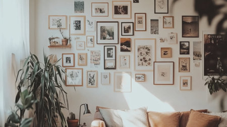 Bright and inviting living room showcasing a gallery wall filled with frames, surrounded by green plants, and adorned with soft textiles for a comfortable home atmosphere.の素材