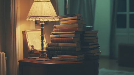 An inviting scene featuring a stack of books beside a vintage lamp, casting warm light in a cozy reading nook that encourages relaxation and contemplation in a serene home environment.の素材