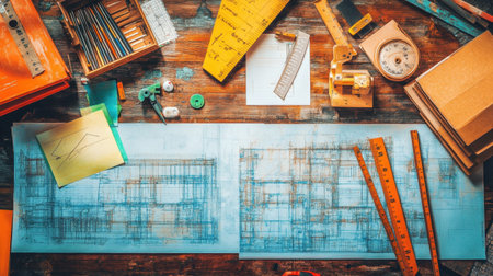 Explore a creative architectural workspace filled with blueprints, measuring tools, and stationery, showcasing the artistry and precision of drafting and design.の素材