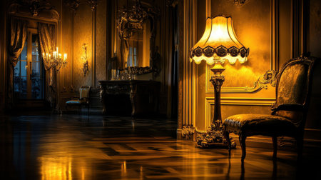 This image showcases a luxurious vintage room adorned with an elegant lamp and fine antique furniture, creating a warm and inviting atmosphere for sophisticated interiors.の素材