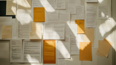 A vibrant collection of various papers and documents pinned to a wall, showcasing organization in an office environment, enhanced by natural light casting unique shadows.の素材