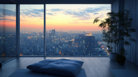 A breathtaking sunset view from a modern apartment overlooking a vibrant city skyline, creating a peaceful ambiance perfect for relaxation and inner reflection.の素材