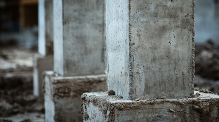 Close-up view of sturdy concrete pillars under construction, highlighting the essential support structures in an urban building project, featuring raw materials and craftsmanship.の素材