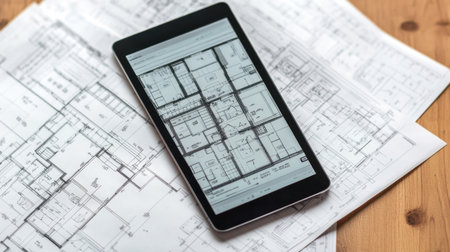 A smartphone shows detailed architectural blueprints on a wooden surface alongside printed floor plans, illustrating modern design and construction planning.の素材