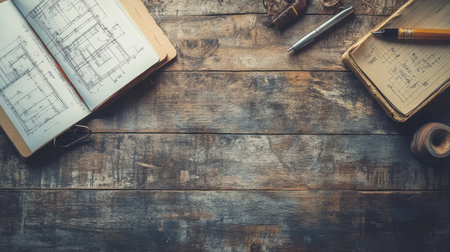 A rustic wooden table showcases architectural drafts and tools, including blueprints and notebooks, ideal for design and planning projects by creative professionals.の素材