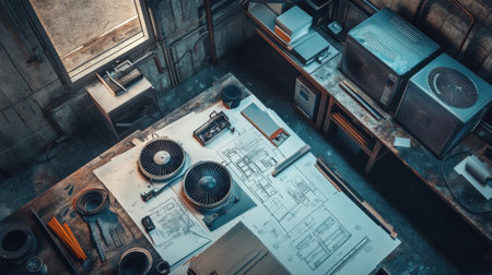 An overhead view captures an industrial workspace featuring technical drawings spread out on a table among various tools and equipment, highlighting creativity and organization in design.の素材