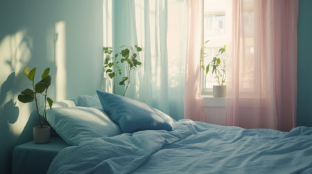 A tranquil bedroom scene featuring soft blue bedding, sheer curtains, and indoor plants, bathed in natural light, creating a cozy and inviting atmosphere perfect for relaxation.の素材