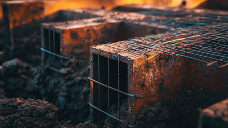 A close-up shot of aged reinforcement bar grids set in dirt at a construction site, highlighting the industrial aspects and ongoing development within the environment.の素材
