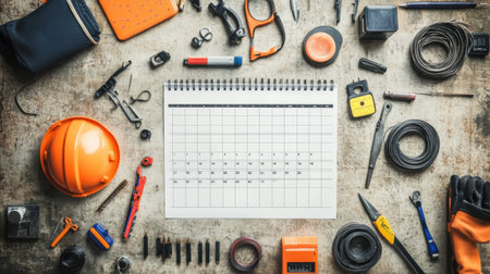 A well-arranged flat lay of construction tools, safety gear, and a blank calendar, perfect for project planning. Ideal for showcasing organization in a workspace.の素材