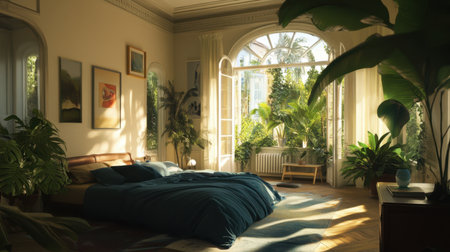 A serene bedroom space bathed in natural light, filled with lush plants and a soft ambiance, creating the perfect retreat for relaxation and tranquility at home.の素材