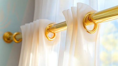 Stylish sheer curtains elegantly hang from a golden rod, illuminating the room with natural light and creating a serene, sophisticated atmosphere perfect for modern interiors.の素材