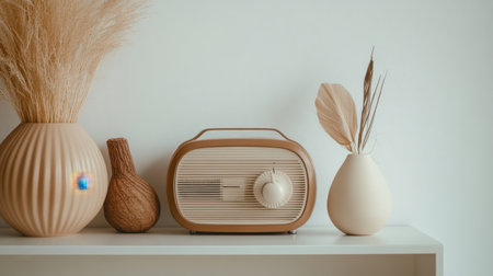 Stylish arrangement featuring a vintage radio and elegant vases with dried plants, perfect for adding a cozy touch to modern interiors in warm neutral colors.の素材