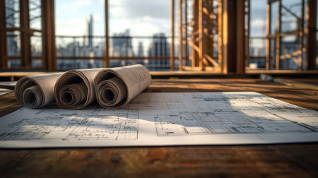 An artistic view of architectural blueprints laid out on a wooden table in a construction site, showcasing the detailed plans with a stunning city skyline in the background.の素材