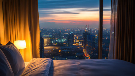 This captivating image features a luxury hotel room with an expansive cityscape at twilight, showcasing the city lights below and creating a warm, inviting ambiance.の素材