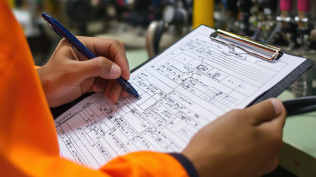 A dedicated worker reviews a detailed checklist on a clipboard, emphasizing meticulous documentation and adherence to safety protocols in an industrial environment.の素材