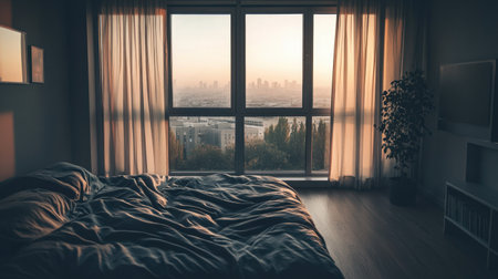 A serene bedroom scene featuring soft drapes and a stunning city skyline at dusk, creating a warm and inviting atmosphere perfect for relaxation and tranquility.の素材