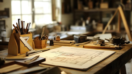 A well-organized workshop filled with various tools and blueprints, showcasing the essence of creativity and craftsmanship in a warm and inviting atmosphere.の素材