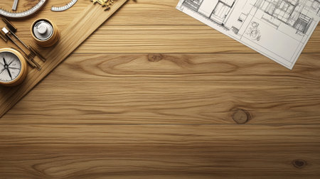 A beautifully arranged workspace showcasing a wooden table with architectural tools and plans, perfect for inspiring design creativity and organizing projects efficiently.の素材