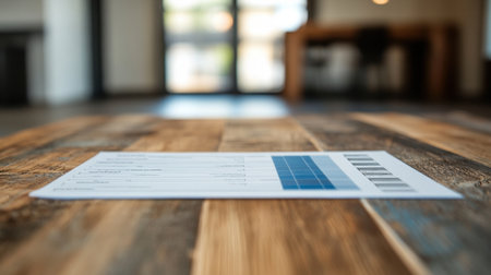 A focused shot of a document on a rustic wooden table within a modern workspace, showcasing natural light and a pleasing blurred background, perfect for business and design themes.の素材