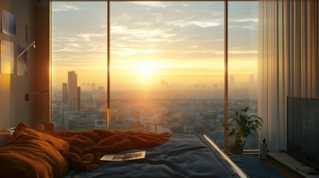 A cozy bedroom featuring soft bedding and a large window showcasing a beautiful city skyline during sunrise, offering tranquility and comfort for morning relaxation.の素材
