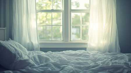 A serene bedroom scene highlighted by soft morning light filtering through sheer curtains, showcasing an unmade bed with inviting white linens for a calming atmosphere.の素材
