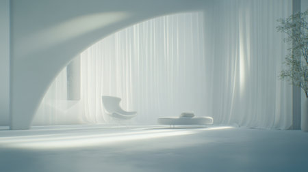 A spacious room showcasing minimalist design, featuring soft natural light filtering through sheer curtains, creating a calm and inviting atmosphere with elegant furniture.の素材