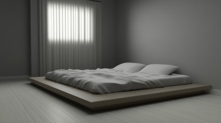 A tranquil minimalist bedroom featuring a simple bed adorned with white bedding, complemented by soft natural light filtering through sheer curtains, creating a serene atmosphere.の素材