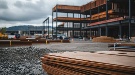 Detailed view of a construction site showcasing wooden planks stacked on the ground, steel framework rising in the background, surrounded by machinery and gravel, capturing urban development in progress.の素材