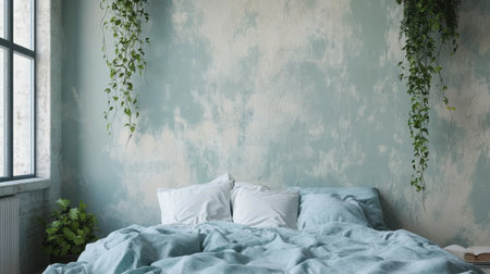 This tranquil bedroom scene features soft blue bedding and a soothing green wall, enhanced by indoor plants, creating a serene atmosphere perfect for relaxation and comfort.の素材