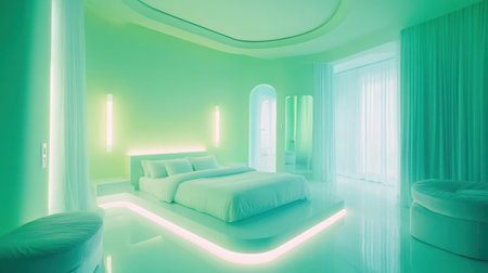 A striking modern bedroom showcasing a unique green hue, sleek lines, and innovative lighting. Ideal for inspiring contemporary interior design ideas.の素材