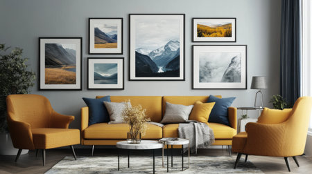 Modern living room featuring a vibrant yellow sofa, stylish chairs, and artistic mountain-themed wall art, creating a cozy and inviting atmosphere in a well-lit space.の素材