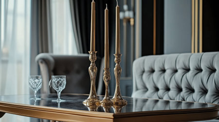 A chic living room setup showcases a refined table with golden candlesticks and elegant glassware, creating a harmonious atmosphere of luxury and sophistication.の素材