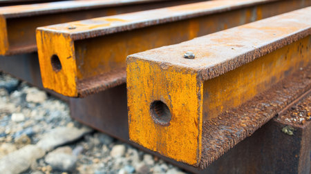A close-up view of weathered steel railway rails showcases textured surfaces with rust and signs of wear. The image highlights the industrial material's durability and use in construction.の素材