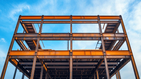An impressive view of an industrial construction site with a prominent steel framework, highlighting modern engineering and urban development under a bright blue sky.の素材