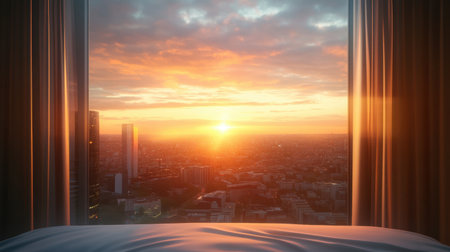 Experience the serene beauty of a stunning sunrise view from a high-rise hotel room, with vibrant colors illuminating a sprawling cityscape below. Perfect for travel inspiration.の素材