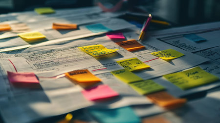 A vibrant assortment of sticky notes scattered across papers on a work desk, illustrating effective project planning and organization methods to boost creativity and productivity in any workspace.の素材