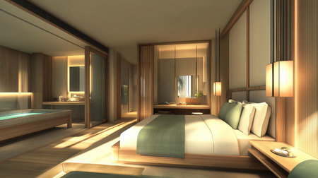 A serene and stylish bedroom showcasing a modern design with wooden touches, ample natural light, and a calming color scheme, perfect for relaxation and comfort.の素材