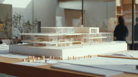 A meticulously crafted architectural model displayed in a bright and modern studio, showcasing the design process and inspiring creativity in architecture and planning.の素材