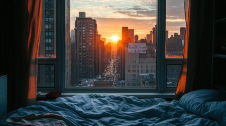 A cozy bedroom offers a stunning urban sunset view, highlighting towering buildings and vibrant sky colors, creating a peaceful and relaxing atmosphere.の素材