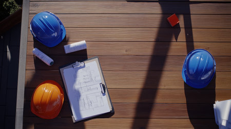 Aerial view of safety helmets and blueprint on wooden surface, showcasing construction planning tools and equipment in a professional outdoor project setting.の素材