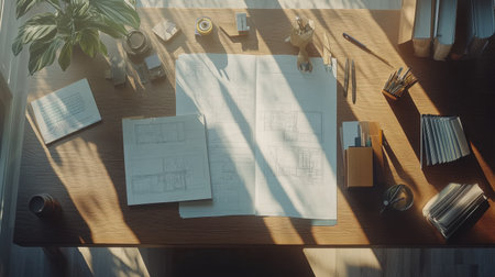 A beautiful and organized workspace featuring architectural drawings and stationery items illuminated by natural sunlight, perfect for inspiring creativity and productivity.の素材