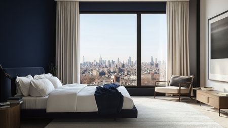Stylish modern bedroom featuring a large window that showcases a stunning urban skyline, providing natural light and a serene atmosphere perfect for relaxation.の素材