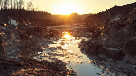 A beautiful sunrise illuminates a muddy construction site, where puddles reflect the vibrant hues of dawn, surrounded by silhouettes of trees that add to the tranquil atmosphere.の素材