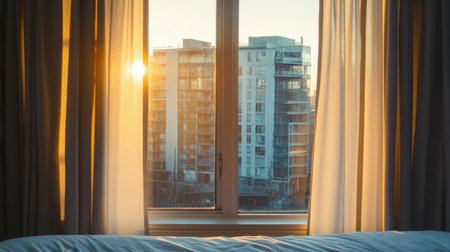 A serene view of a sunrise filtering through sheer curtains, highlighting modern urban buildings. The warm light creates a peaceful atmosphere perfect for relaxation.の素材