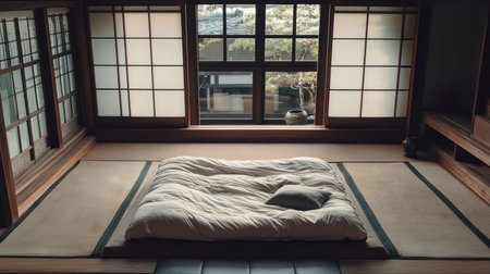 A calming Japanese bedroom featuring a futon, shouji screens, and a picturesque outdoor view that enhances the minimalist design and tranquil atmosphere.の素材