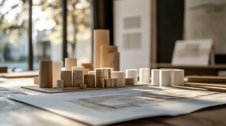 An architectural model displayed in a well-lit studio, showcasing various structures made from wood and paper, highlighting creativity and design processes in urban planning.の素材